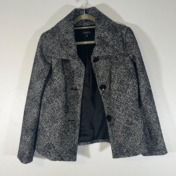 Talbots Wool Blend Black White Silver Wide Collar Large Button Front Blazer 8 - Picture 8 of 9